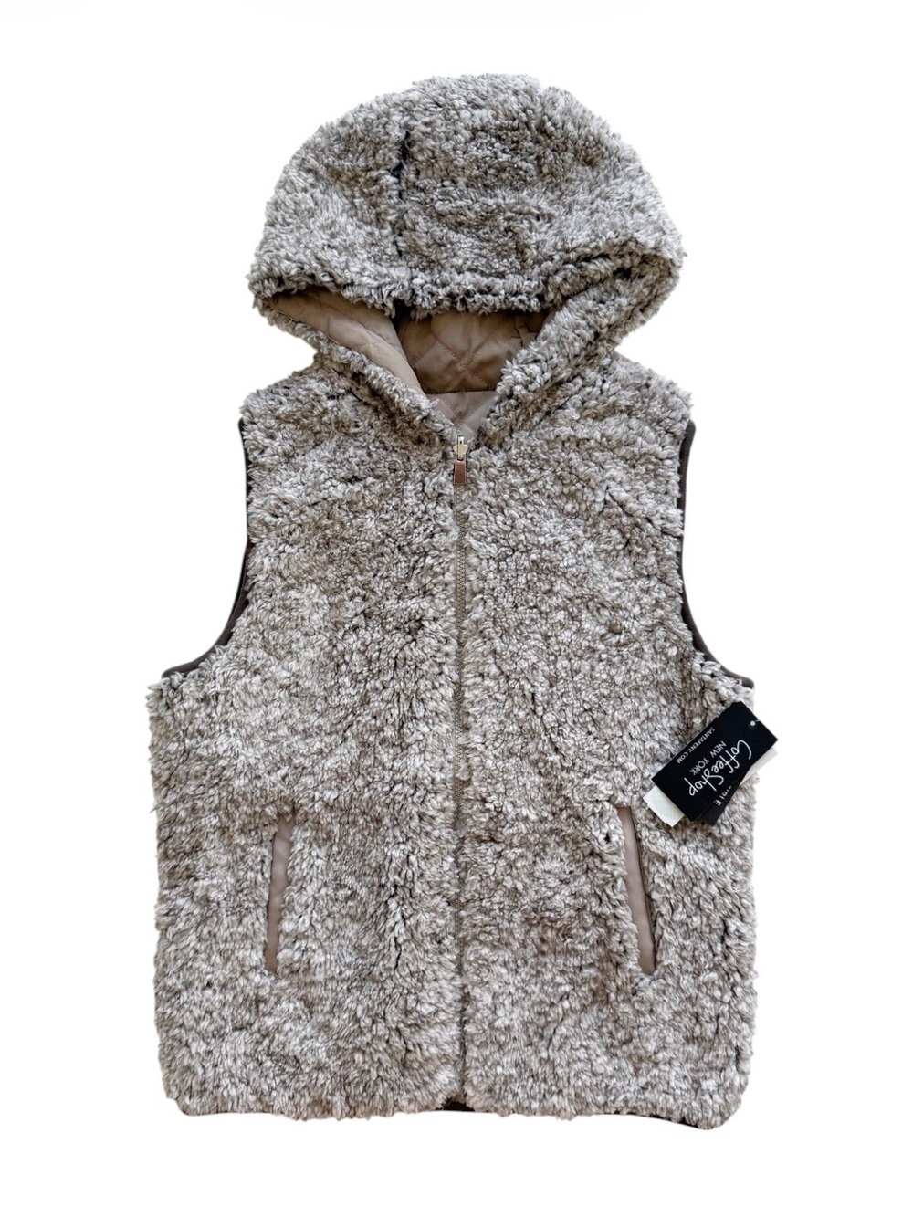 NWT CoffeeShop Reversible Faux Sherpa / Quilted Hooded Vest Taupe Size Small